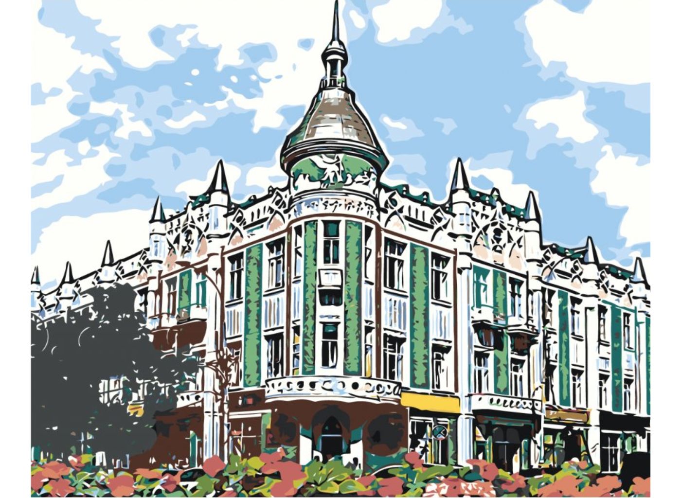 MALUJEŠ Malování podle čísel - BUDOVA NA ROHU ULICE Rozměr: 80x100 cm, Rámování: vypnuté plátno na rám