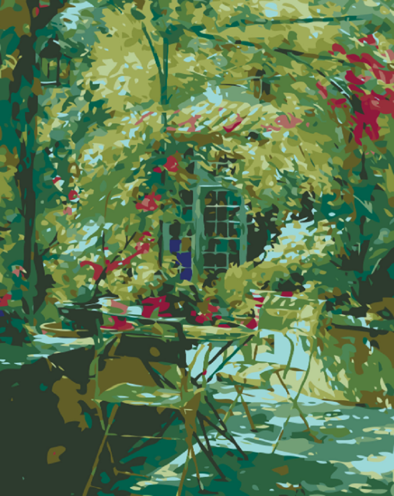 MALUJEŠ Malování podle čísel - POSEZENÍ NA ZAHRADĚ MEZI ZELENÍ Rozměr: 40x50 cm, Rámování: vypnuté plátno na rám