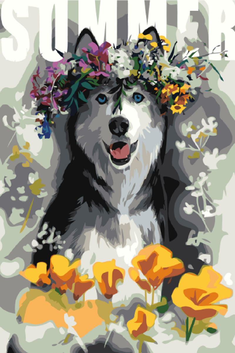 MALUJEŠ Malování podle čísel - HUSKY S KVĚTINAMI Rozměr: 80x120 cm, Rámování: bez rámu a bez vypnutí plátna