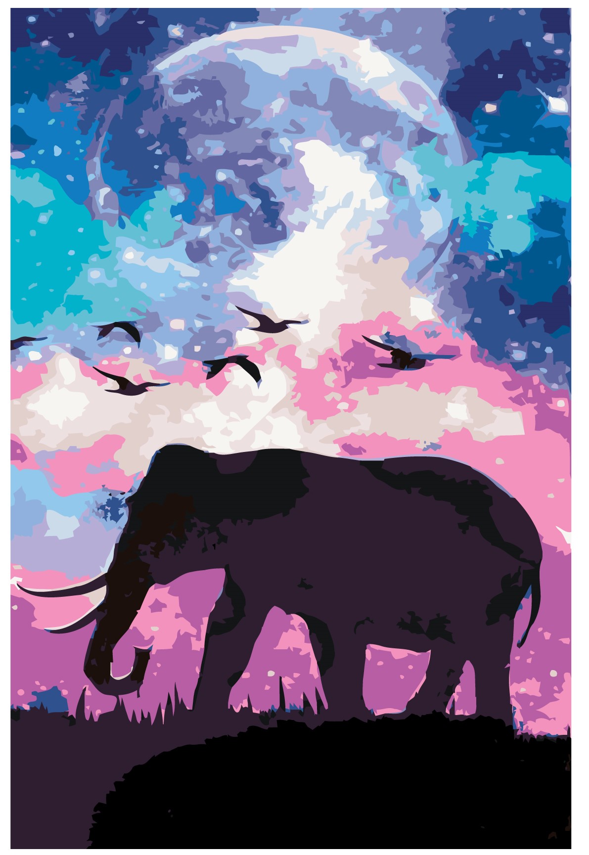 MALUJEŠ Malování podle čísel - STÍN SLONA A BAREVNÁ OBLOHA II Rozměr: 80x120 cm, Rámování: bez rámu a bez vypnutí plátna