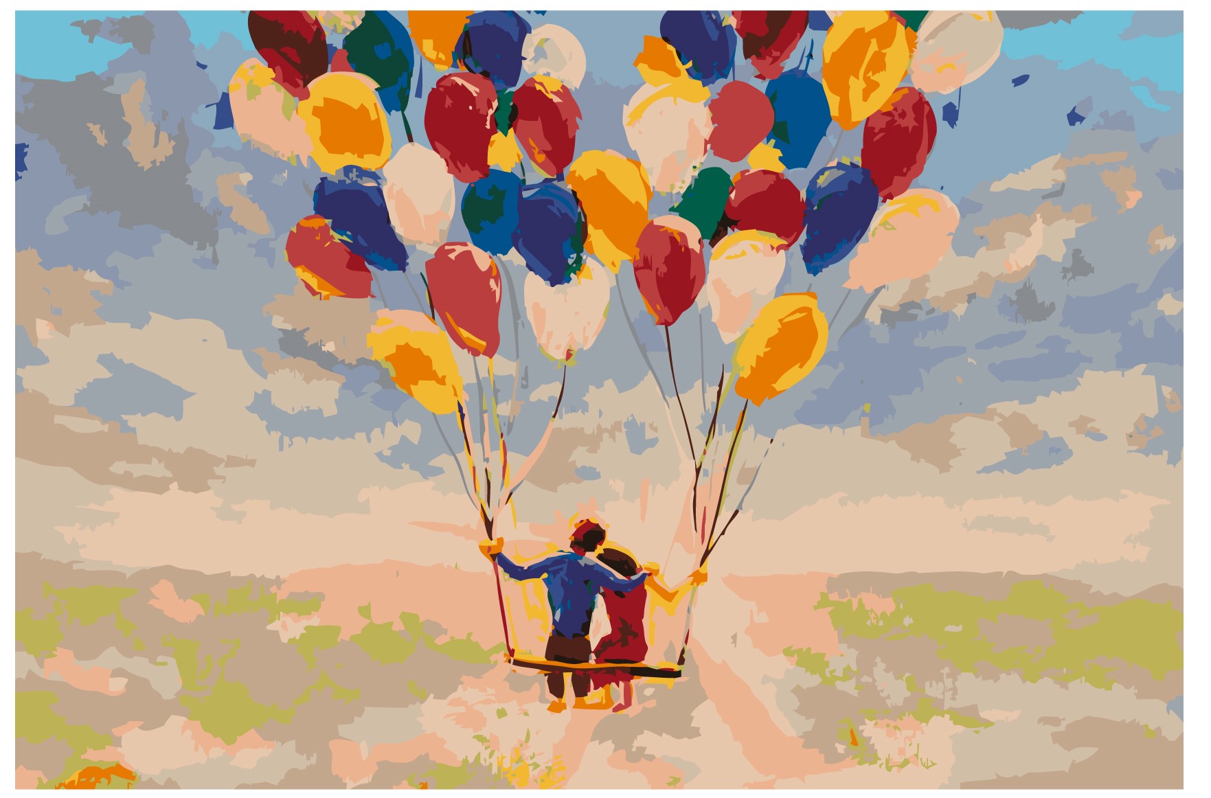 MALUJEŠ Malování podle čísel - MILENCI NAD ZEMÍ S BALONKY Rozměr: 80x120 cm, Rámování: vypnuté plátno na rám
