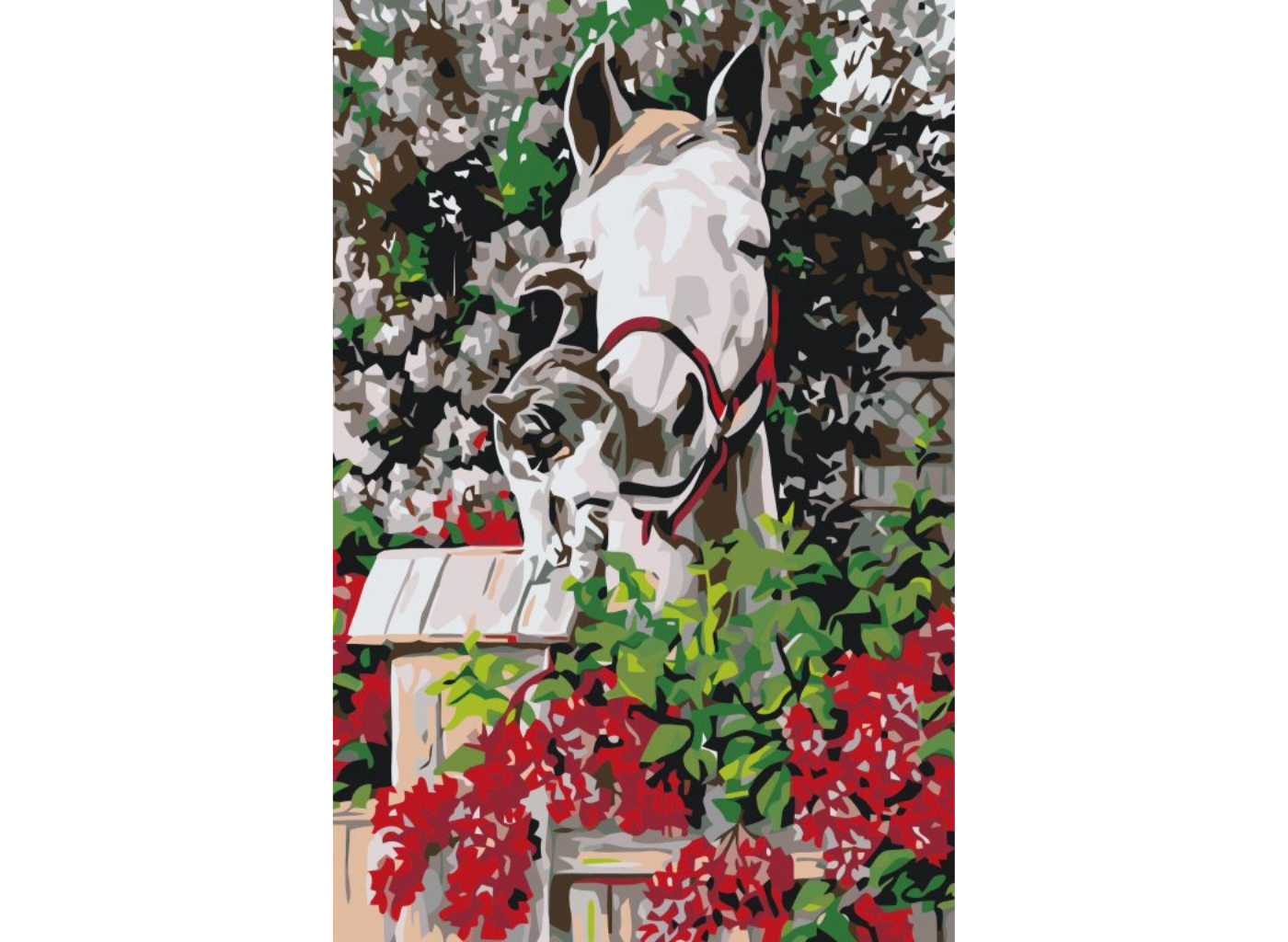 MALUJEŠ Malování podle čísel - BÍLÝ KŮŇ S KOTĚTEM MEZI KVĚTY Rozměr: 80x120 cm, Rámování: bez rámu a bez vypnutí plátna