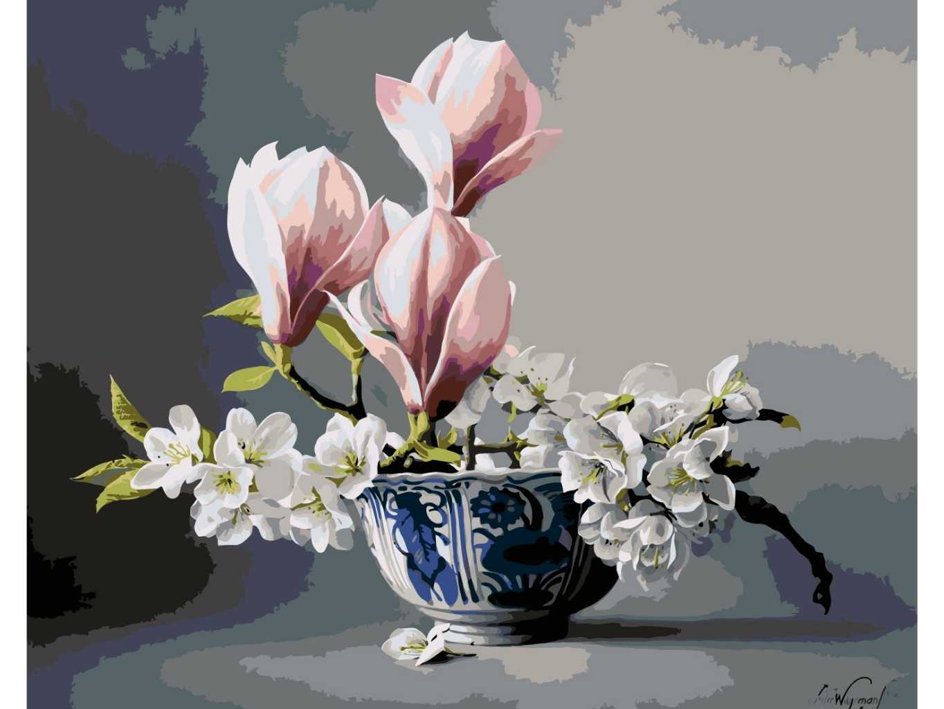 MALUJEŠ Malování podle čísel - PIETER WAGEMANS - MAGNOLIE A KVÍTKA TŘEŠNÍ Rozměr: 40x50 cm, Rámování: bez rámu a bez vypnutí plátna