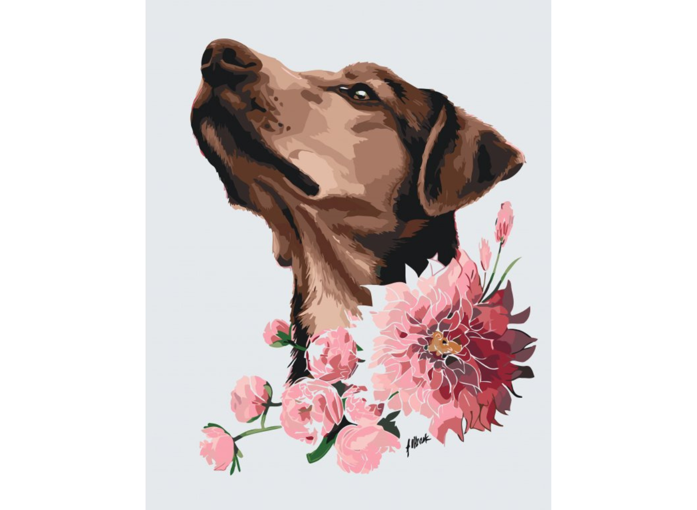 MALUJEŠ Malování podle čísel - AGNIESZKA MLECZEK - KRÁTKOSRSTÝ PEJSEK S RŮŽOVÝMI KVĚTY Rozměr: 60x80 cm, Rámování: bez rámu a bez vypnutí plátna