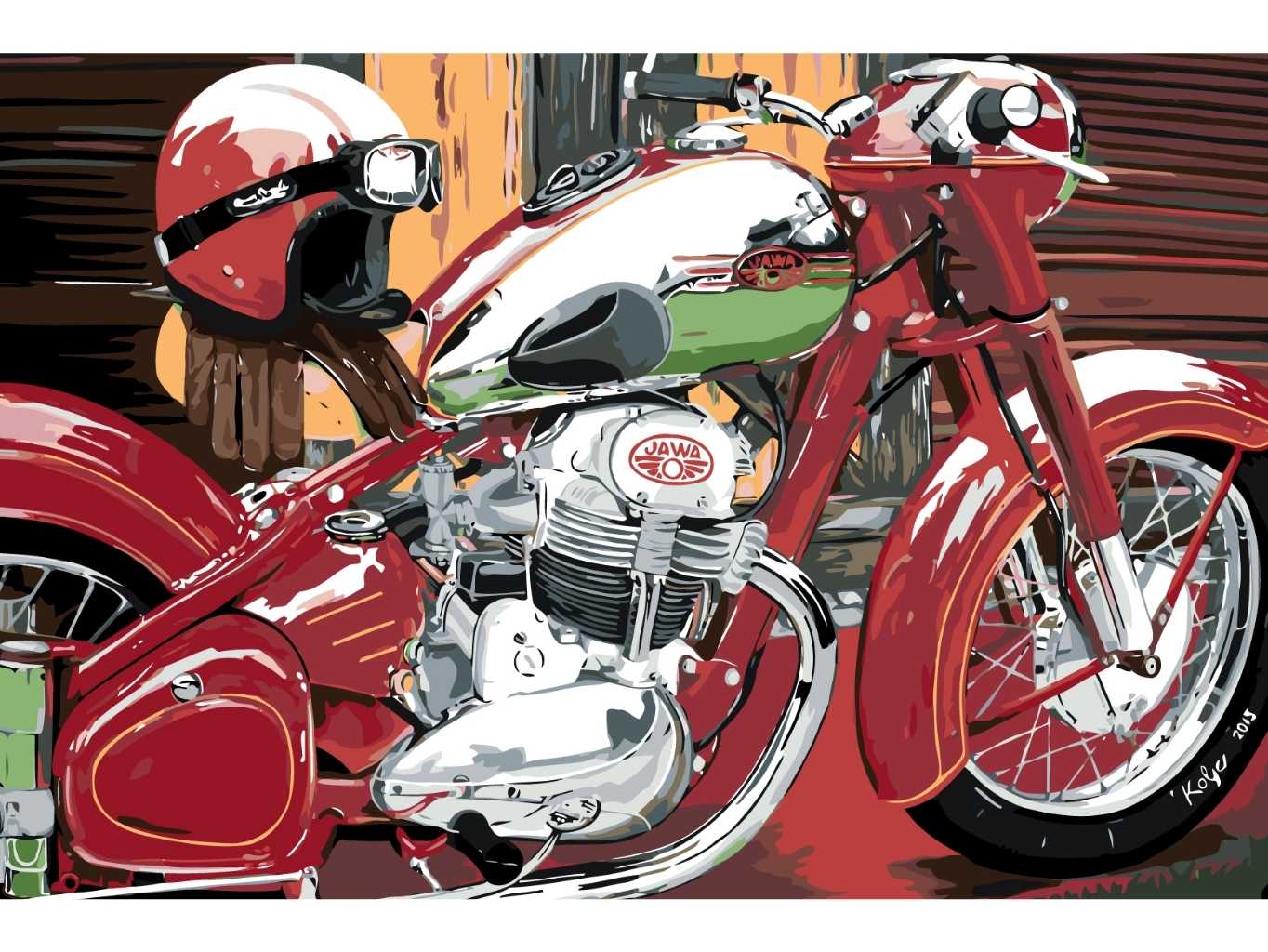 MALUJEŠ Malování podle čísel - KOLJA - JAWA 500 OHC S HELMOU Rozměr: 60x80 cm, Rámování: bez rámu a bez vypnutí plátna