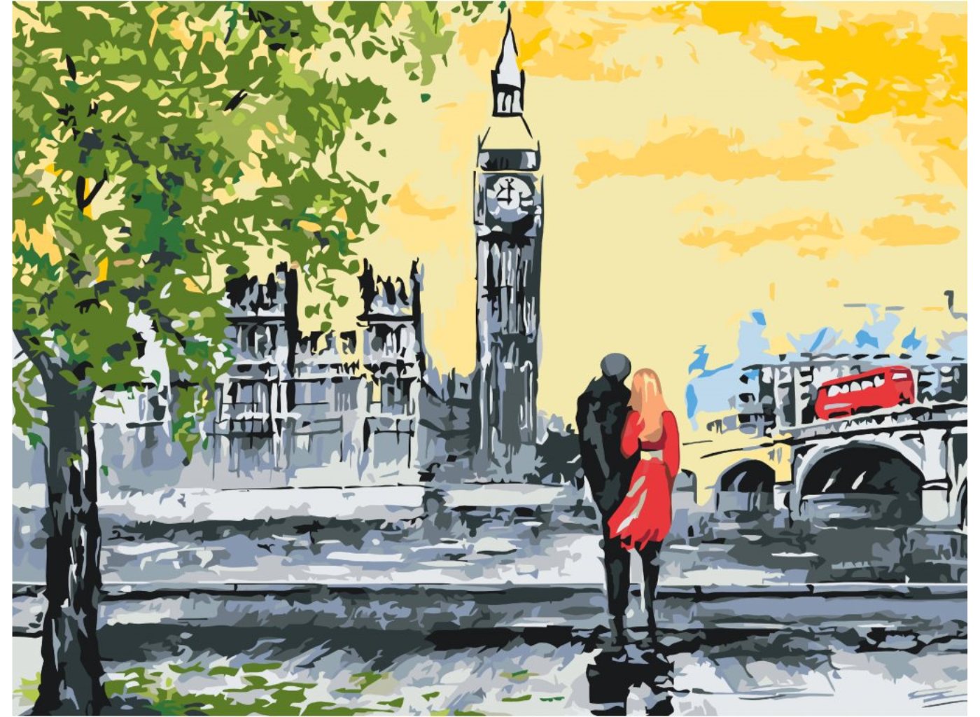 MALUJEŠ Malování podle čísel - MILENCI A BIG BEN PŘI ZÁPADU SLUNCE Rozměr: 40x50 cm, Rámování: vypnuté plátno na rám