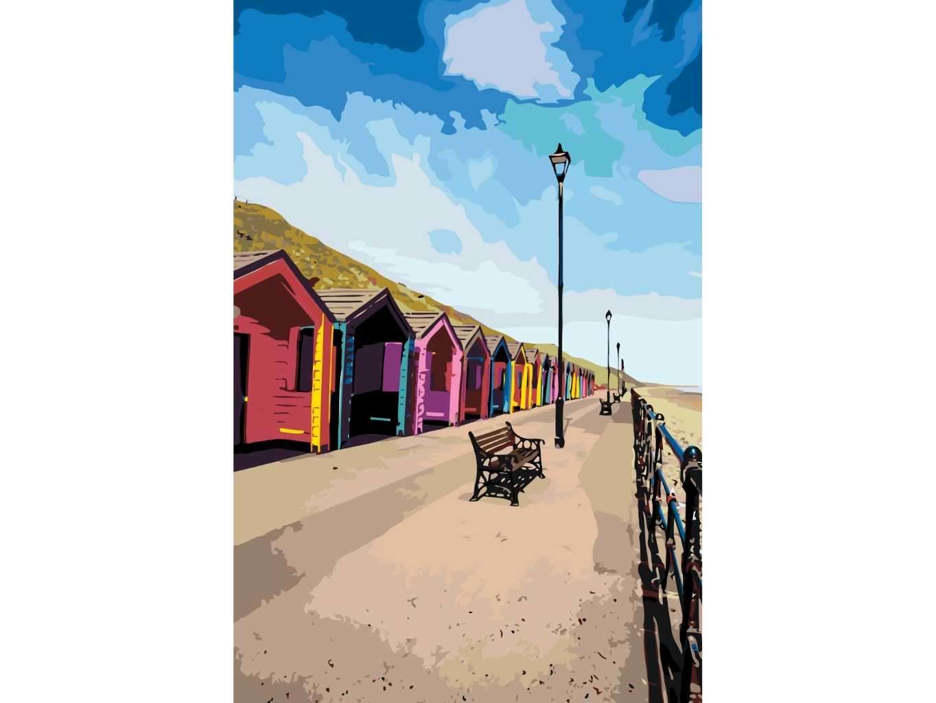 MALUJEŠ Malování podle čísel - TATIANA HEPPLEWHITE - PLÁŽOVÉ CHATKY SEVERNÍ YORKSHIRE UK Rozměr: 80x120 cm, Rámování: vypnuté plátno na rám