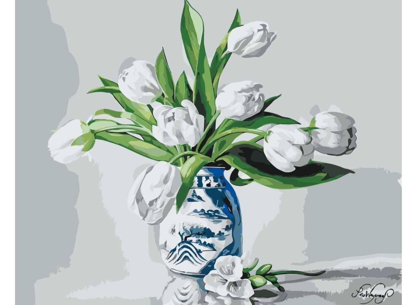 MALUJEŠ Malování podle čísel - PIETER WAGEMANS - BÍLÉ TULIPÁNY V ČÍNSKÉ VÁZE Rozměr: 40 x 50 cm, Rámování: vypnuté plátno na rám