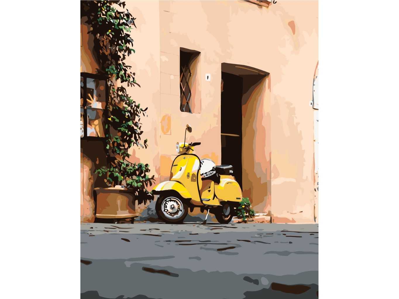 MALUJEŠ Malování podle čísel - ŽLUTÁ VESPA V ULIČCE Rozměr: 80x100 cm, Rámování: vypnuté plátno na rám