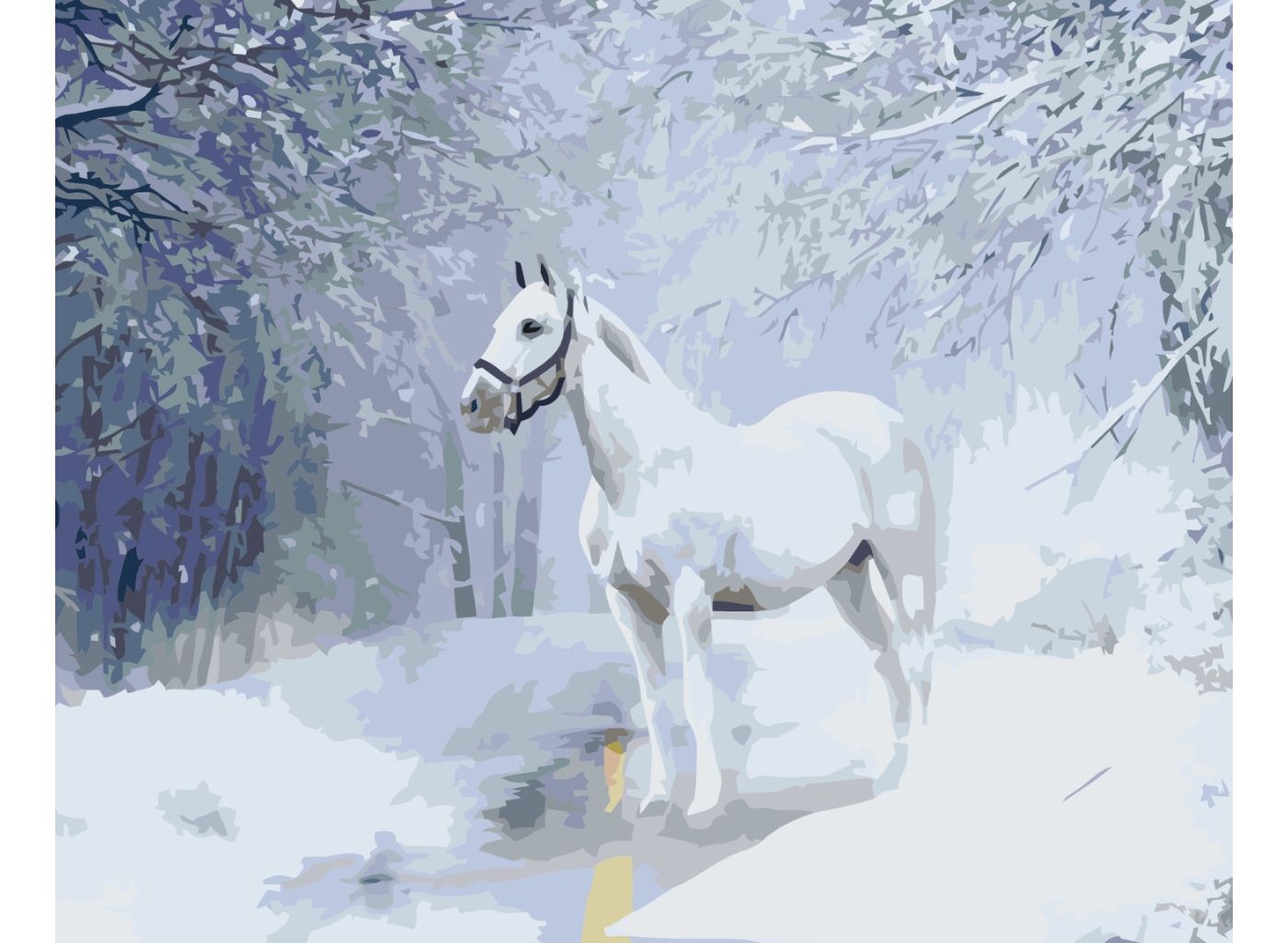 MALUJEŠ Malování podle čísel - AGNIESZKA MLECZEK - BÍLÝ KŮŇ V ZASNĚŽENÉ KRAJINĚ Rozměr: 80x100 cm, Rámování: bez rámu a bez vypnutí plátna