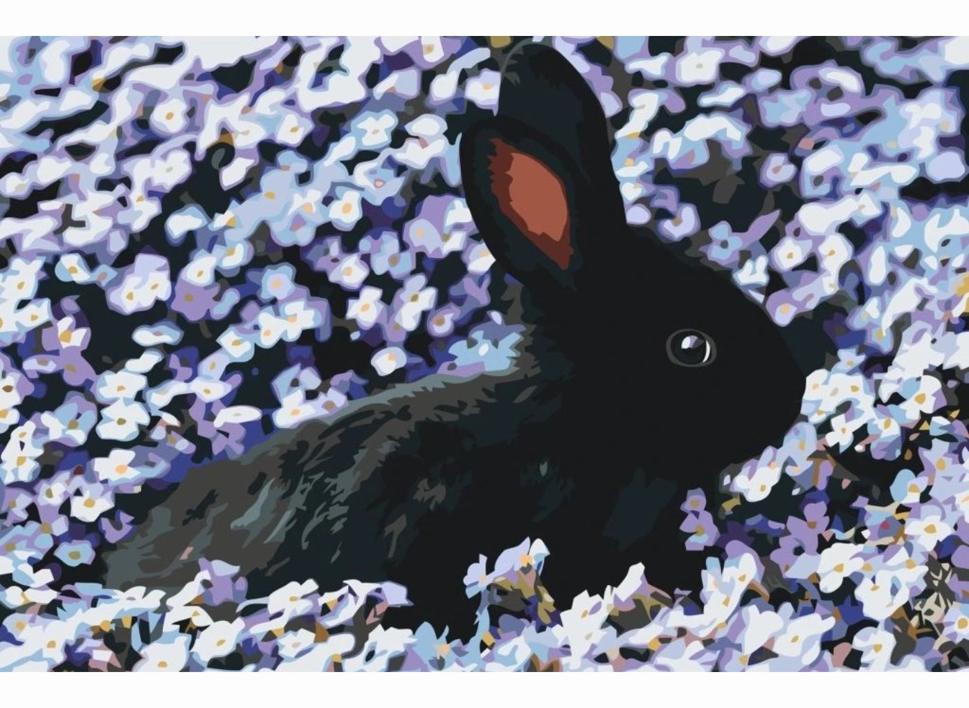 MALUJEŠ Malování podle čísel - ČERNÝ KRÁLÍČEK V KVĚTINÁCH Rozměr: 40 x 60 cm, Rámování: vypnuté plátno na rám