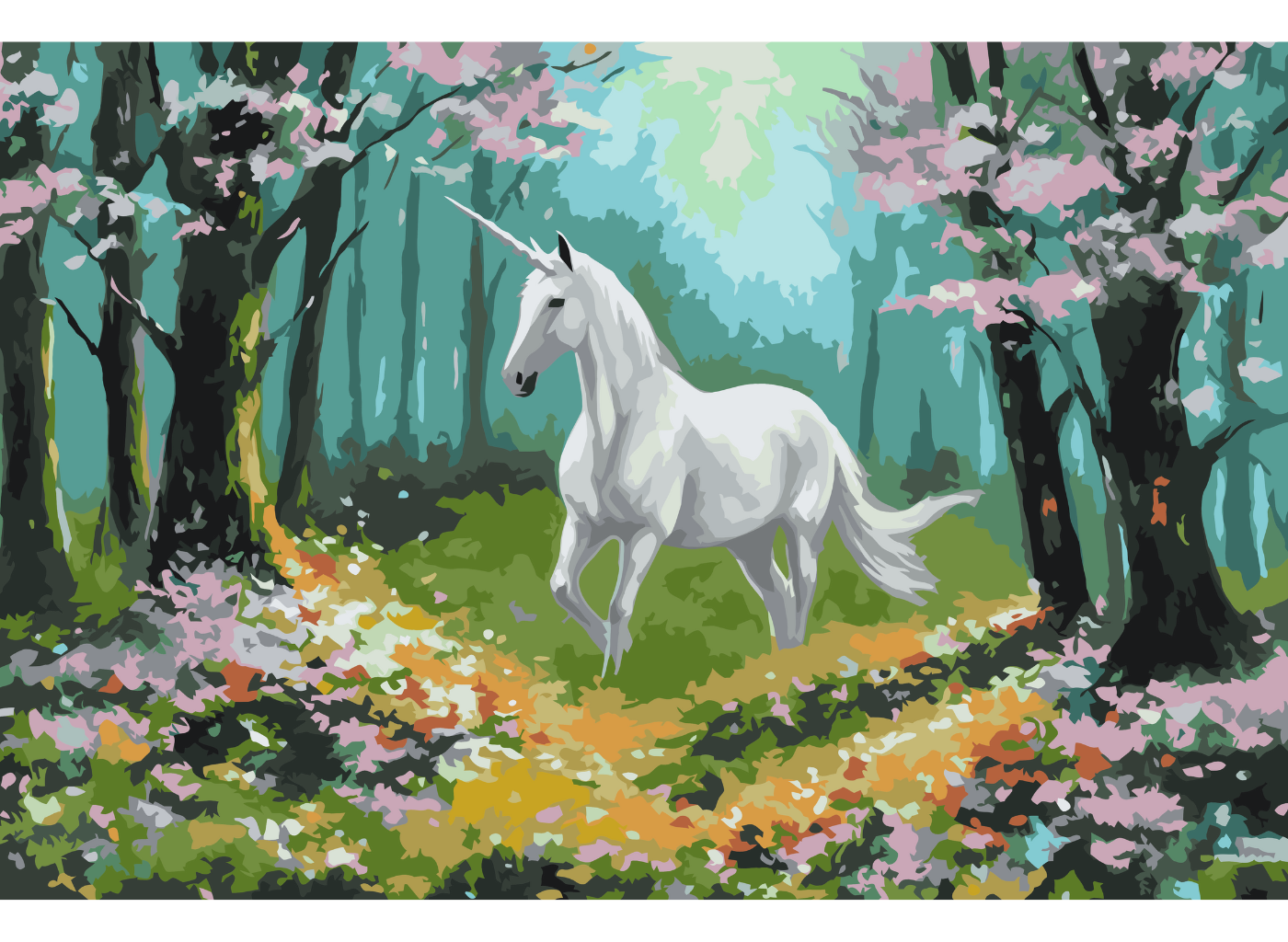 MALUJEŠ Malování podle čísel - JEDNOROŽEC V ROZKVETLÉM LESE I Rozměr: 80x120 cm, Rámování: bez rámu a bez vypnutí plátna
