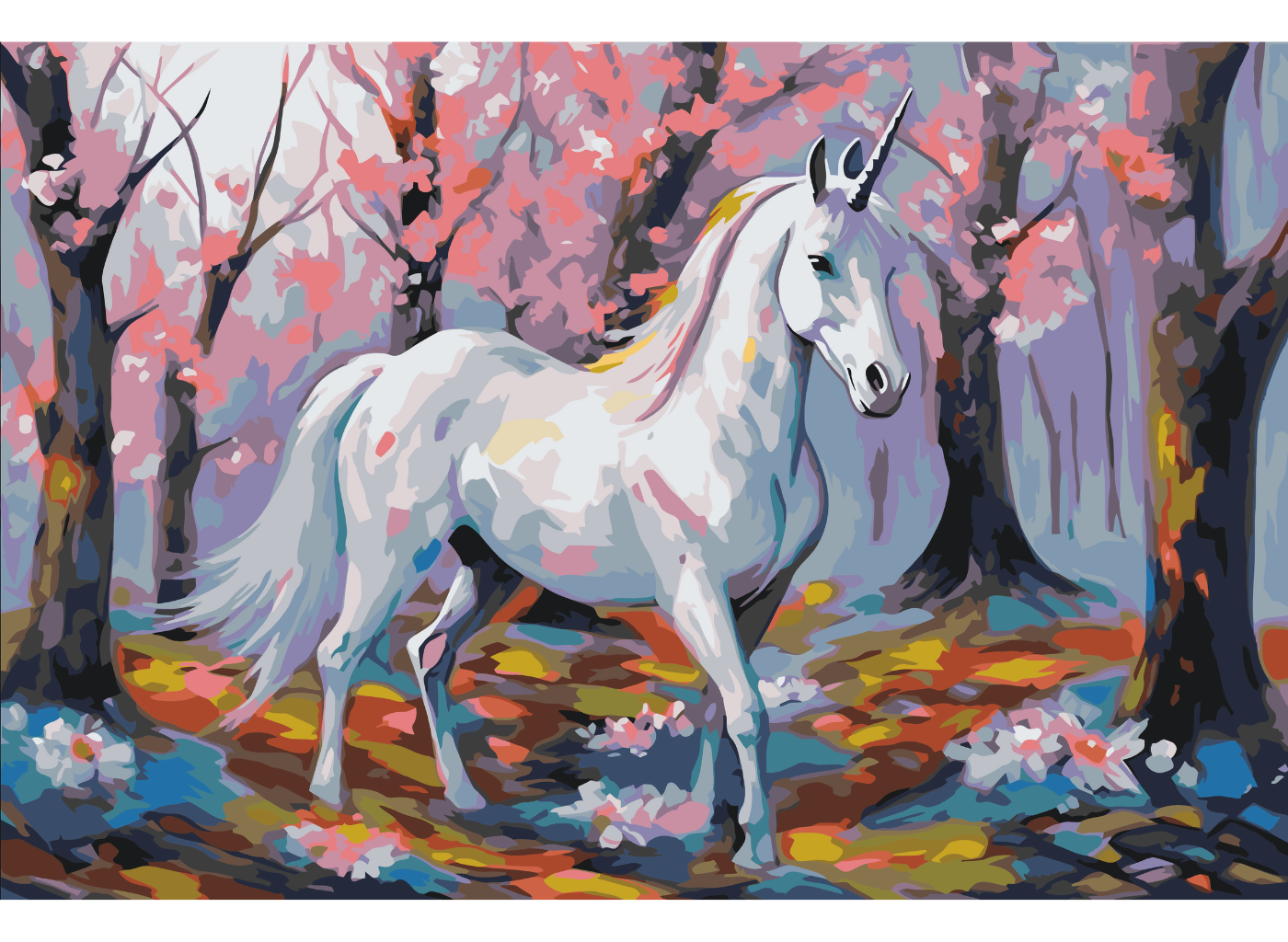 MALUJEŠ Malování podle čísel - JEDNOROŽEC V ROZKVETLÉM LESE III Rozměr: 40x60 cm, Rámování: vypnuté plátno na rám