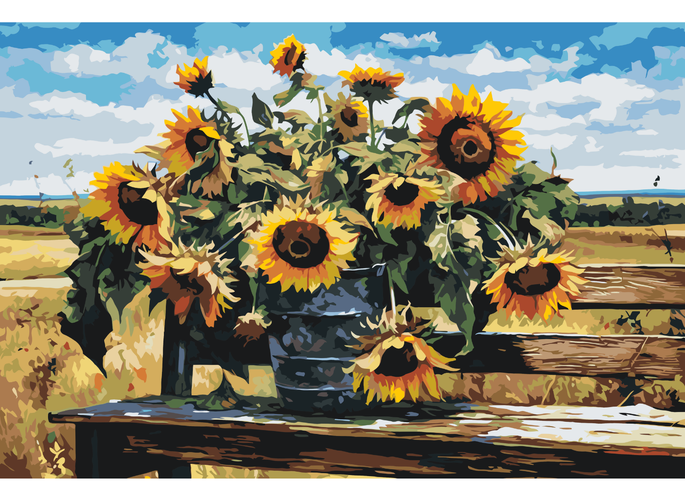 MALUJEŠ Malování podle čísel - SLUNEČNICE NA LAVIČCE Rozměr: 40x60 cm, Rámování: bez rámu a bez vypnutí plátna