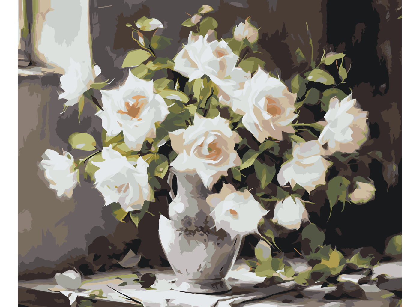 MALUJEŠ Malování podle čísel - BÍLÉ RŮŽE VE VÁZE Rozměr: 60x80 cm, Rámování: vypnuté plátno na rám