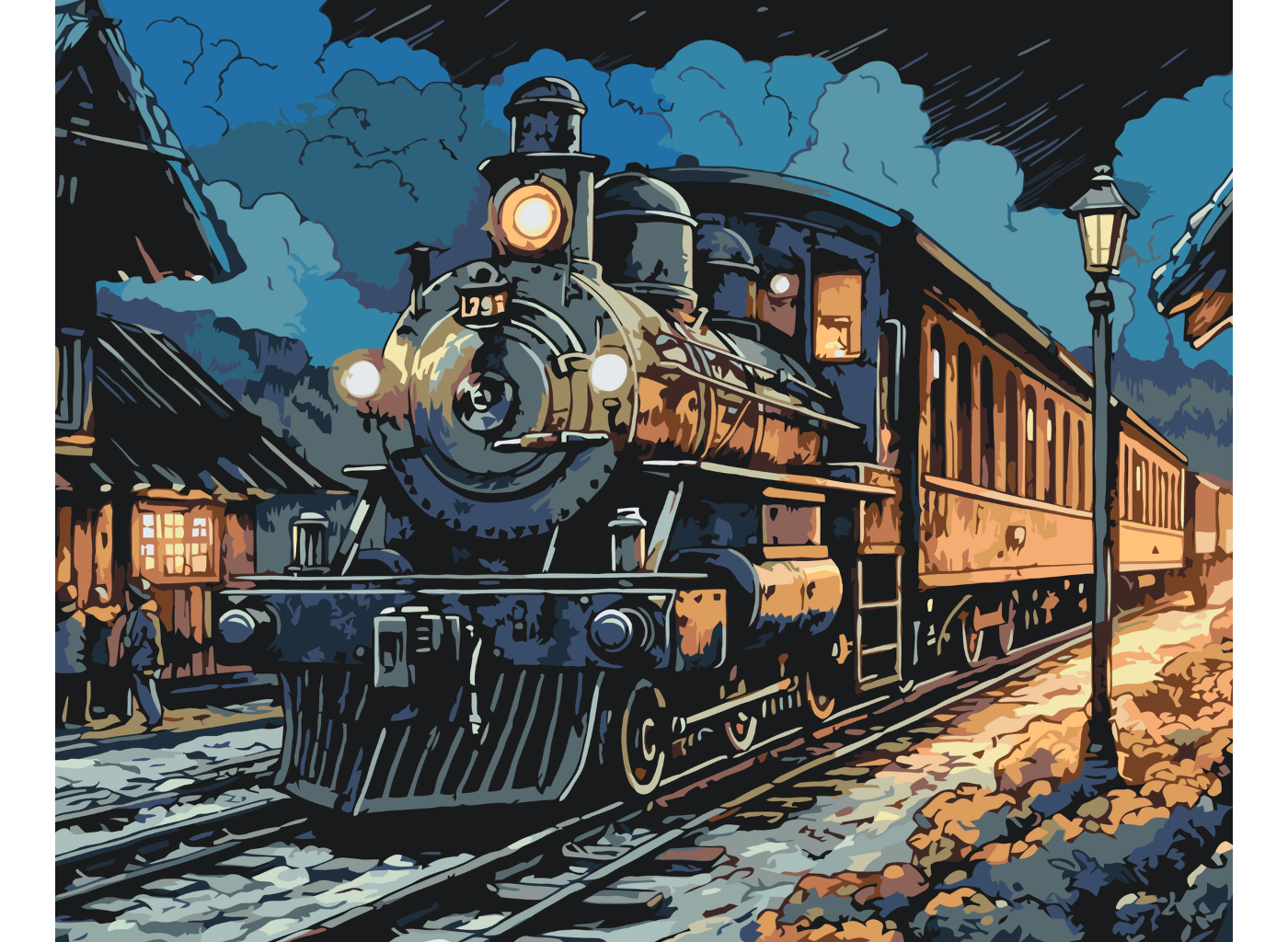 MALUJEŠ Malování podle čísel - NOČNÍ VLAK Rozměr: 80x100 cm, Rámování: bez rámu a bez vypnutí plátna