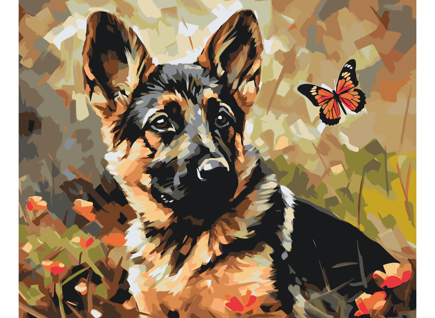 MALUJEŠ Malování podle čísel - NĚMECKÝ OVČÁK S MOTÝLKEM Rozměr: 80x100 cm, Rámování: vypnuté plátno na rám