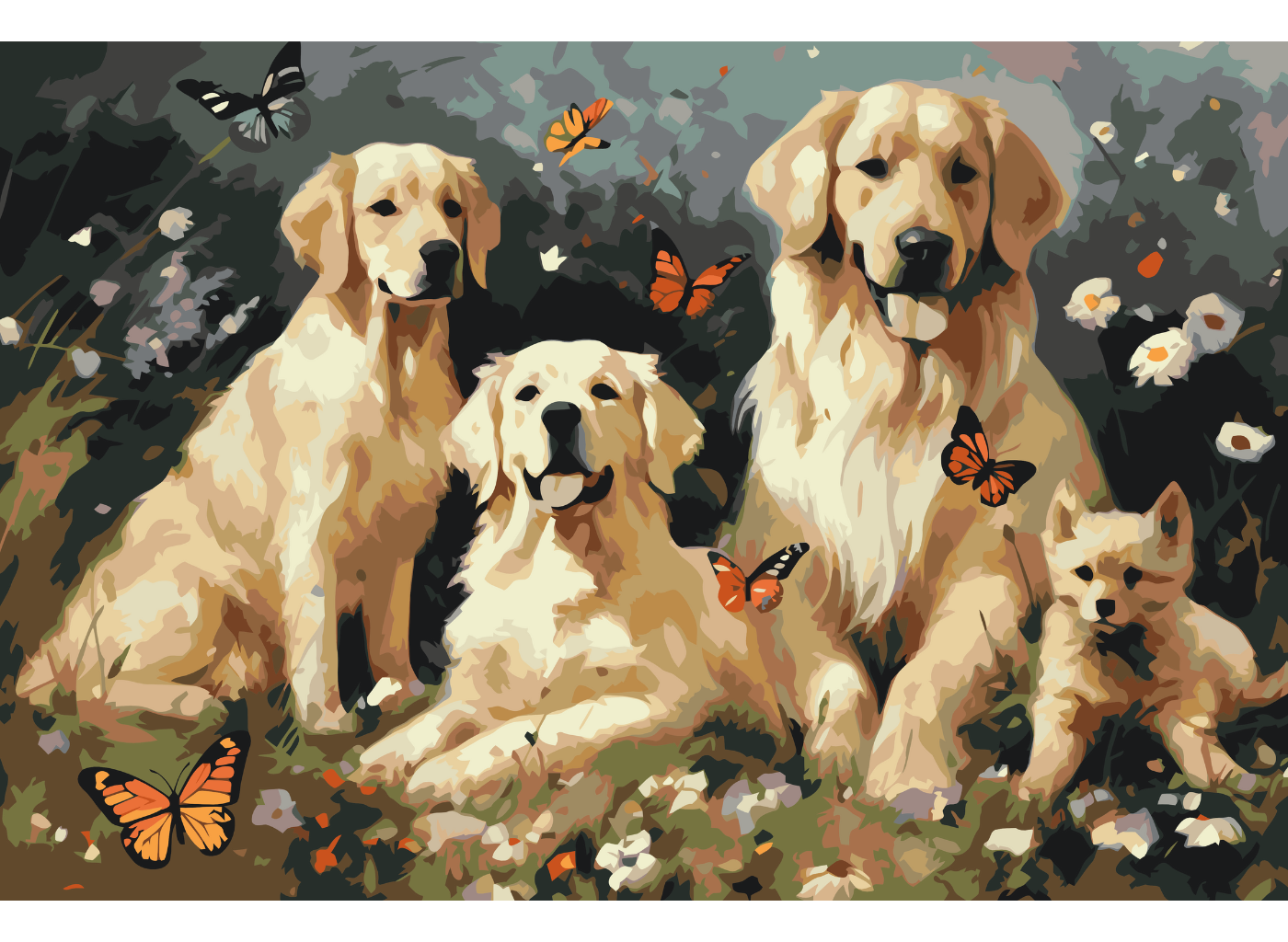 MALUJEŠ Malování podle čísel - SMEČKA RETRÍVRŮ A MOTÝLCI Rozměr: 80x120 cm, Rámování: vypnuté plátno na rám