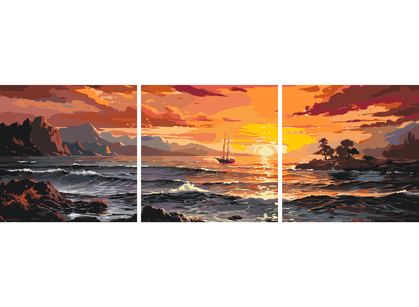 MALUJEŠ Malování podle čísel - SET PLACHETNICE PŘI ZÁPADU SLUNCE Rozměr: 80x80 cm, Rámování: vypnuté plátno na rám