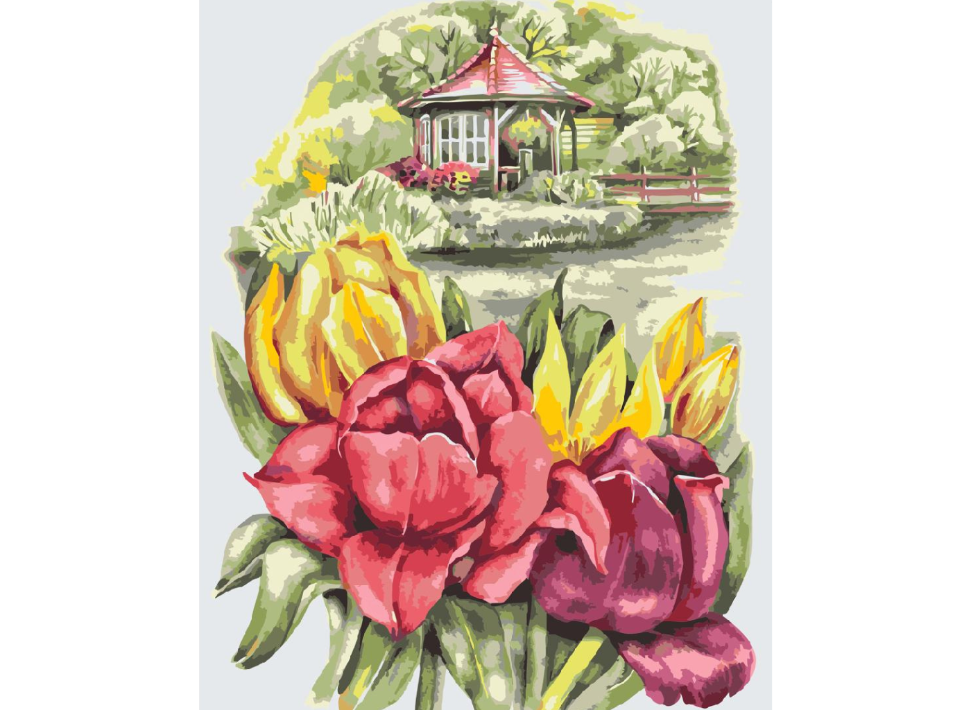 MALUJEŠ Malování podle čísel - ANNA´S ART - TULIPÁNY S ALTÁNKEM Rozměr: 60x80 cm, Rámování: vypnuté plátno na rám