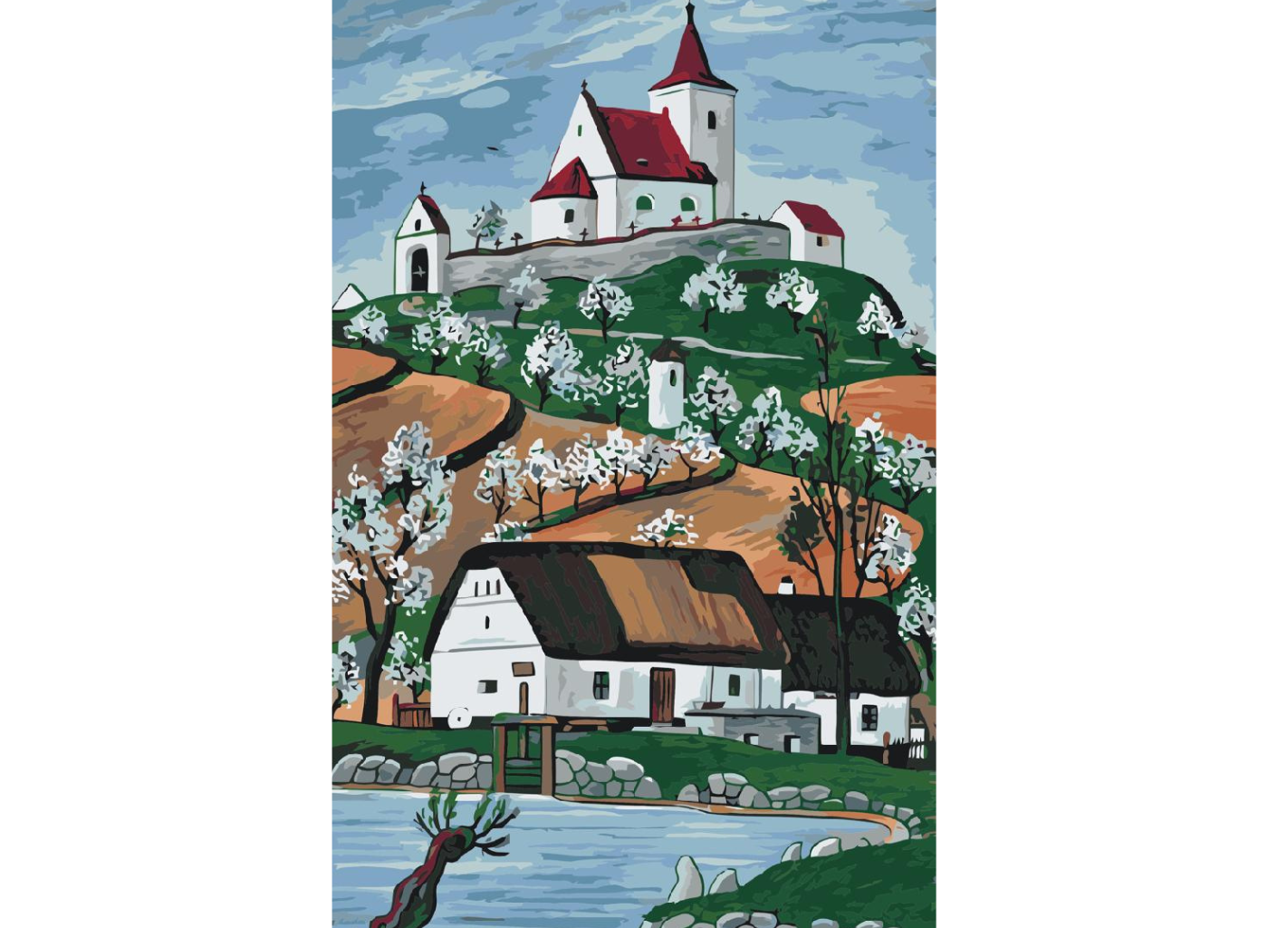MALUJEŠ Malování podle čísel - JOSEF LADA - MLÝN S KOSTELÍKEM 1944 Rozměr: 40x60 cm, Rámování: vypnuté plátno na rám