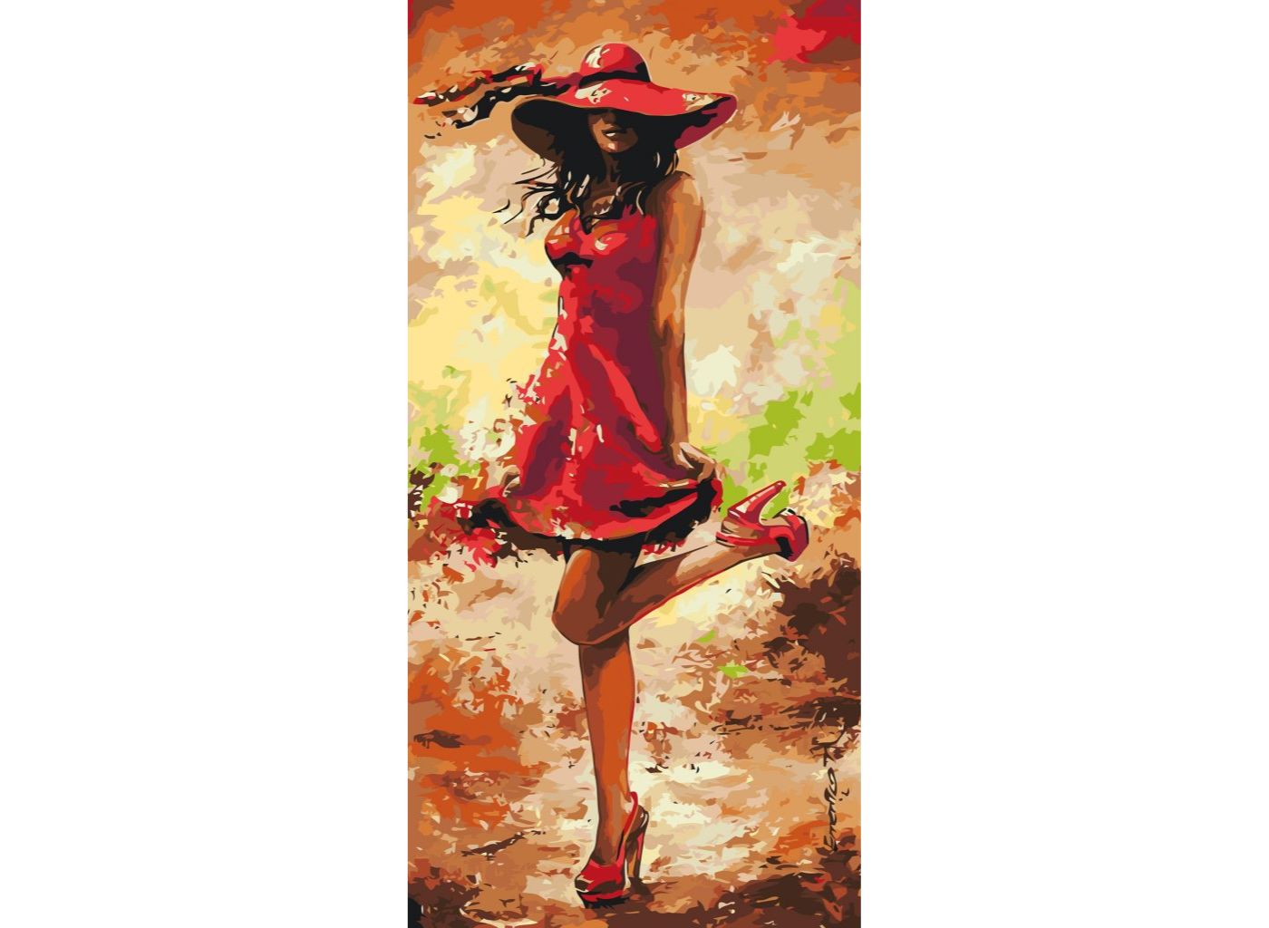 MALUJEŠ Malování podle čísel - KRÁSNÁ ŽENA V ČERVENÝCH ŠATECH Rozměr: 40x80 cm, Rámování: bez rámu a bez vypnutí plátna