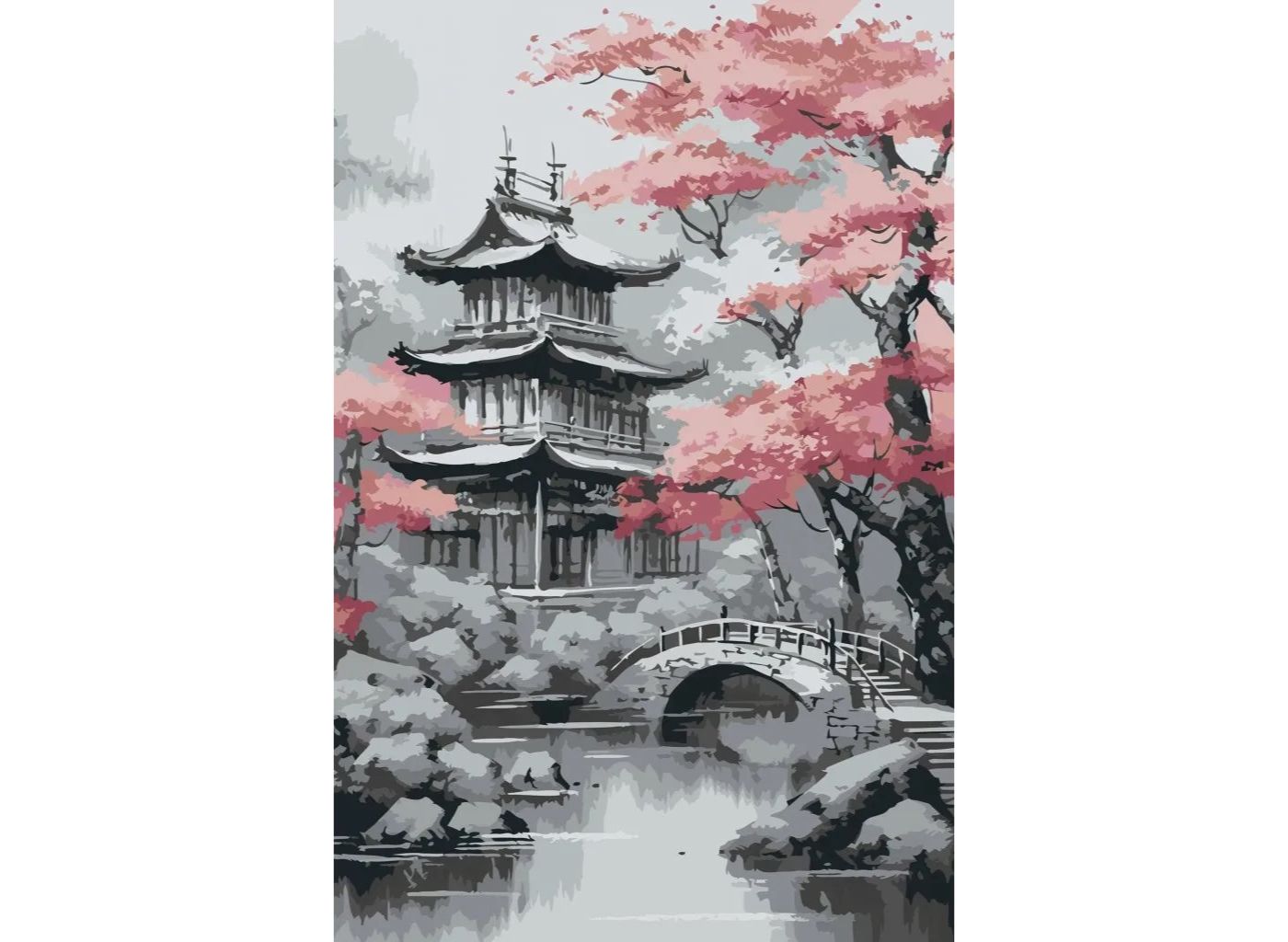 MALUJEŠ Malování podle čísel - JAPONSKÝ CHRÁM S OKRASNOU SAKUROU Rozměr: 40x60 cm, Rámování: bez rámu a bez vypnutí plátna