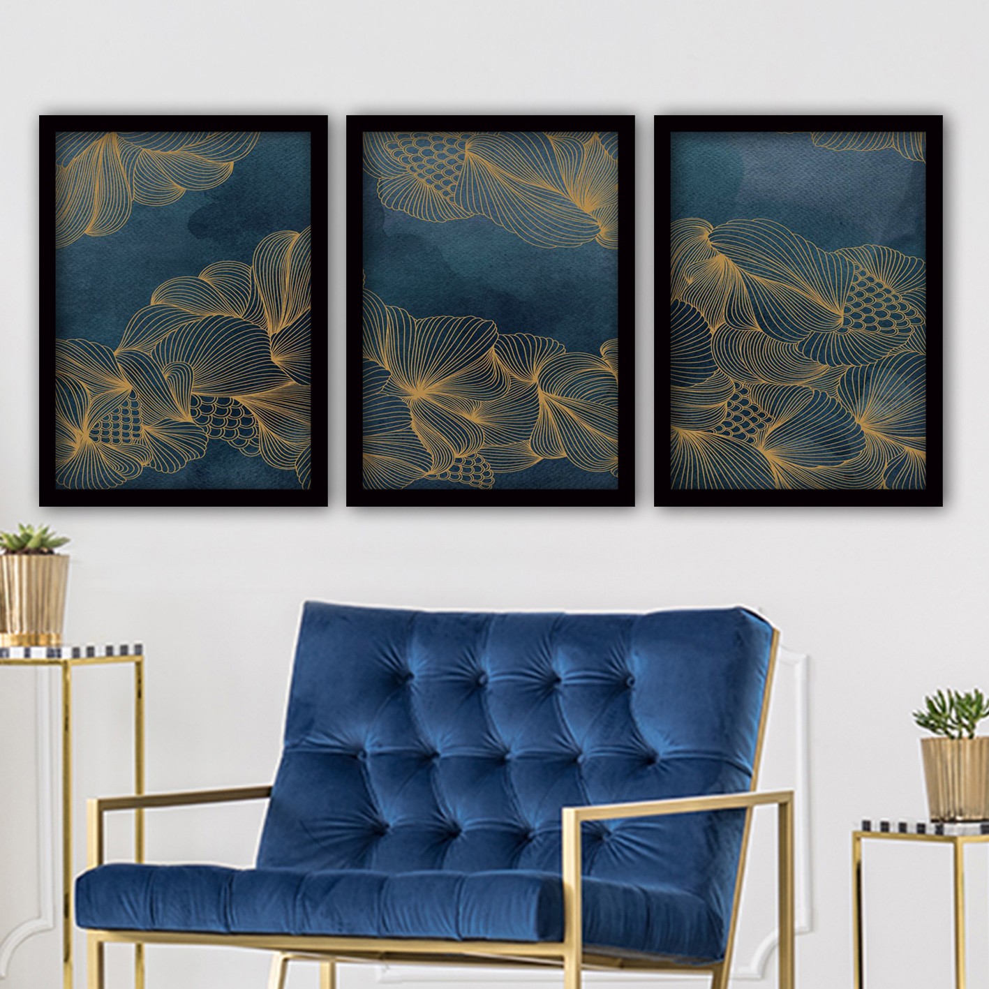 ASIR Nástěnné kovové obrazy ZLATÉ LINIE 3ks 35x45 cm