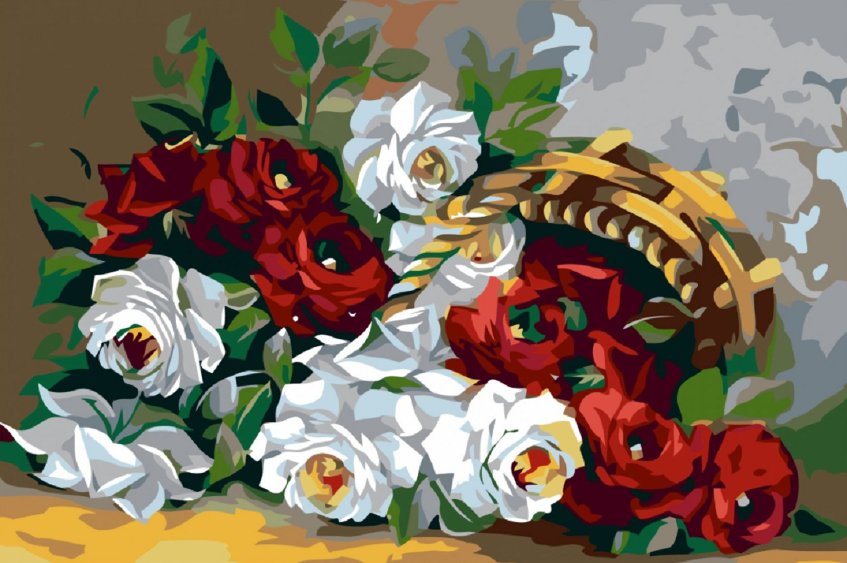 MALUJEŠ Malování podle čísel - RŮŽE V KOŠÍKU Rozměr: 60x80 cm, Rámování: vypnuté plátno na rám