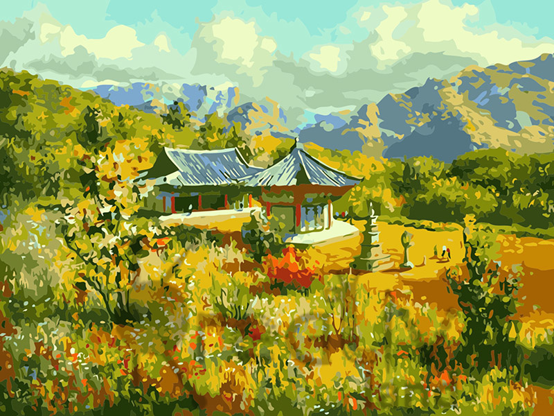 Maľovanie podľa čísel - Pagoda na lúke Rozmer obrazu: 80x100