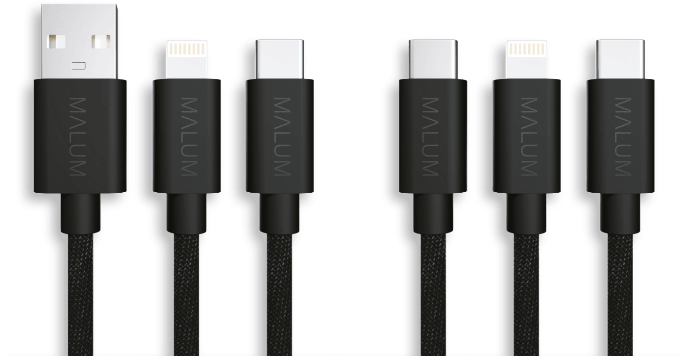Pět kabelů MALUM s konektory USB‑A, Lightning a USB‑C