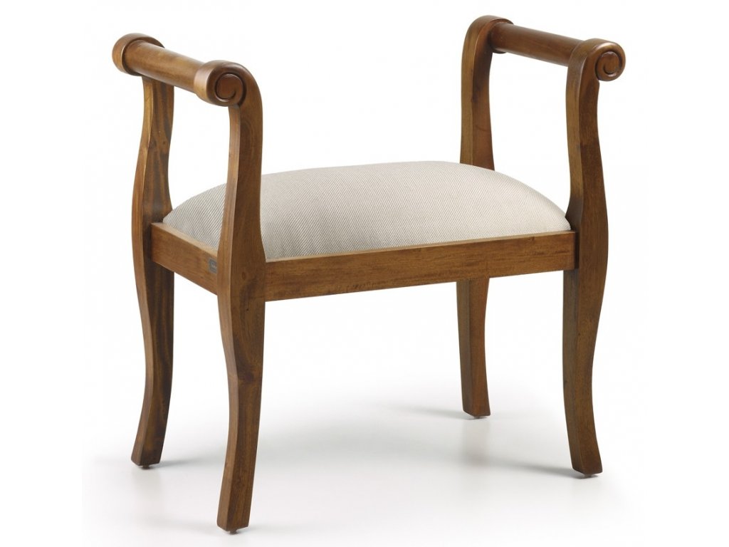 Stylová dřevěná lavice s čalouněným sedákem. Malá komfortní lavice z masivního dřeva mindi.