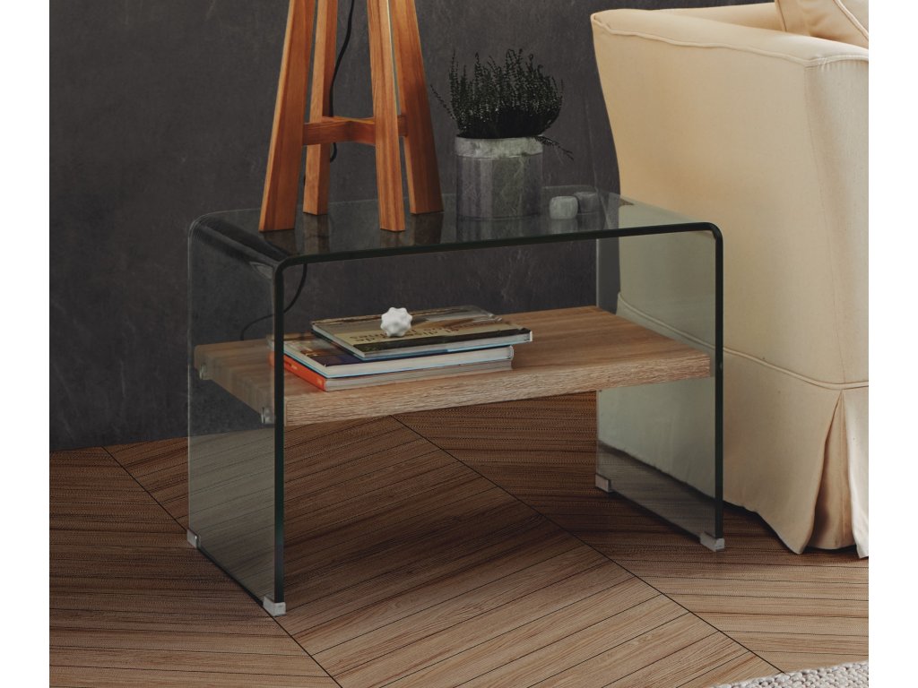 Designový skleněný odkládací stolek Spirit s dřevěnou policí