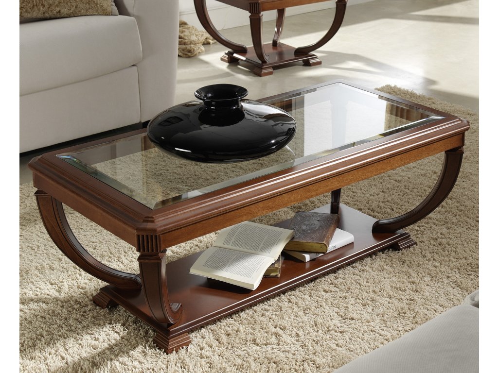 Luxusní dýhovaný konferenční stolek Teressa Isa třešeň/ořech, se skleněnou deskou.