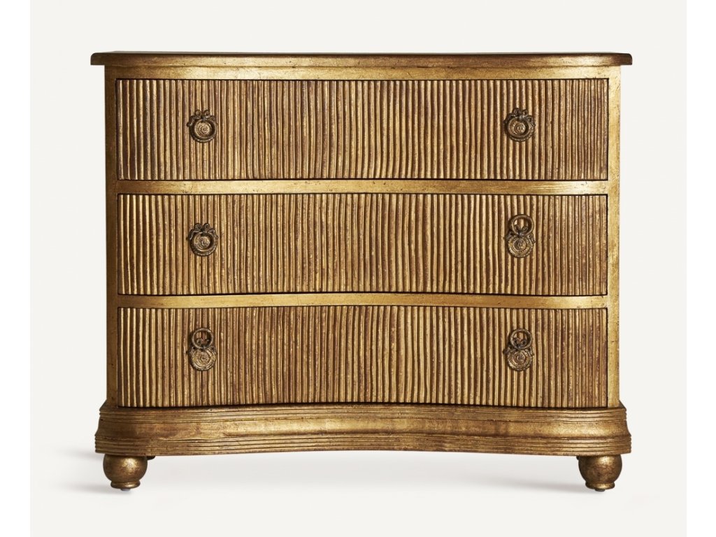 Dřevěná vintage komoda Vernon 110cm ve zlaté barvě z masivního mangového dřeva v extravagantním designu