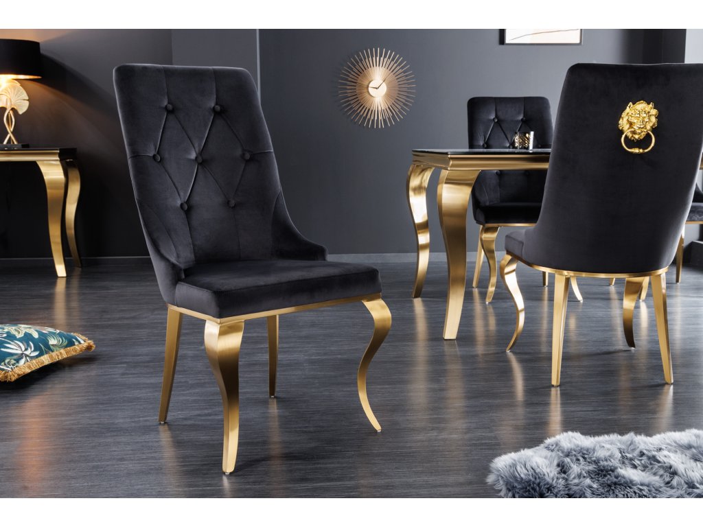 Luxusné jedálenské stoličky Gold Modern Barock Lion čierna zamat - Nábytok  Malvarosa