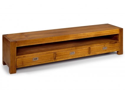 Masivní TV stolek z exotického dřeva v medově hnědé barvě s originální kresbou dřeva