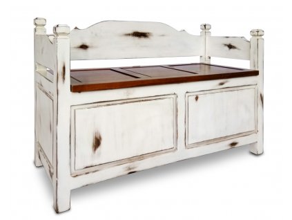 Rustikální dřevěná lavice s vintage bílou patinou a s úložným prostorem. Dřevěný nábytek rustikální bílý.
