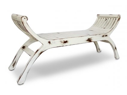 Dřevěná vintage lavice bílá Forja Yuyu pro dvě osoby. Lavice ze dřeva mindi.