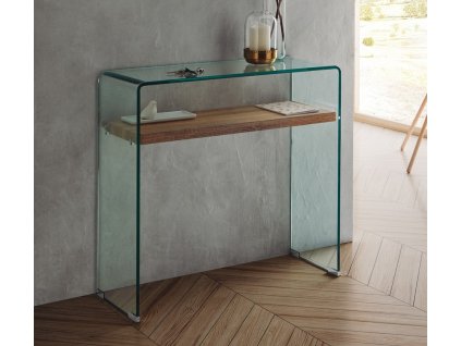 Designový skleněný konzolový stolek Spirit s dřevěnou policí