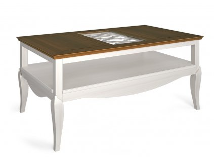 Bílý konferenční stolek s medově hnědou odkládací a skleněnou tabulí pod kterou je romantický ornament