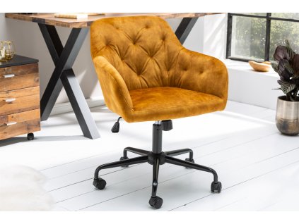 Žlutá sametová kancelářská židle na kolečkách je jasnou volbou do vaší pracovny