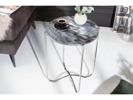 Luxusní odkládací stolek Marble III 43cm šedý mramor/stříbrný rám