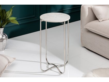 Luxusní odkládací stolek Marble I 35cm bílý mramor/stříbrný rám