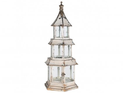 Vintage kovový lampáš Pagoda 65cm biela s patinou