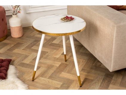 Luxusní kulatý příruční stolek Aura Gold 45cm bílý mramor