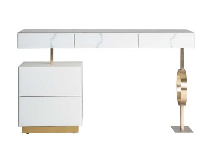 Luxusní psací stůl Brujo 140cm kov/sklo bílý mramorový dekor