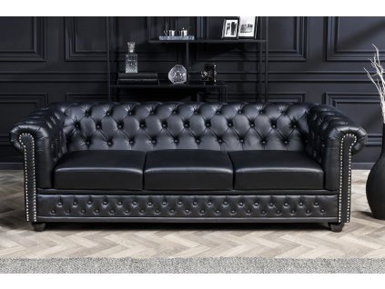 Luxusní třímístná sedačka Chesterfield 205cm černá ekokůže