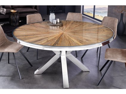 Stylový kulatý jídelní stůl Barracuda 120cm teak se skleněnou deskou