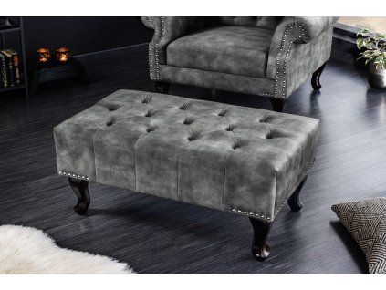 Luxusní šedý sametový taburet Chesterfield
